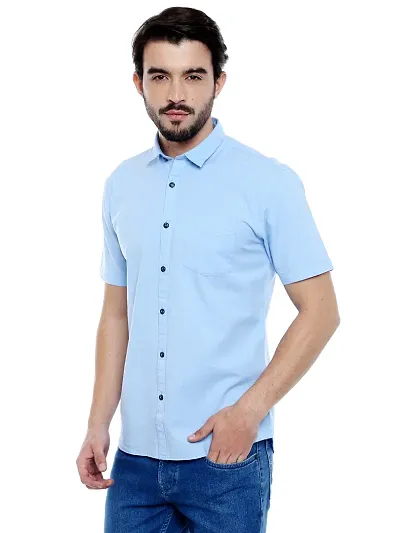 Light Blue Solid Short Sleeves Casual Shirt