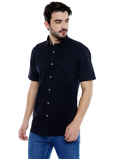 Navy Blue Solid Short Sleeve Casual Shirt