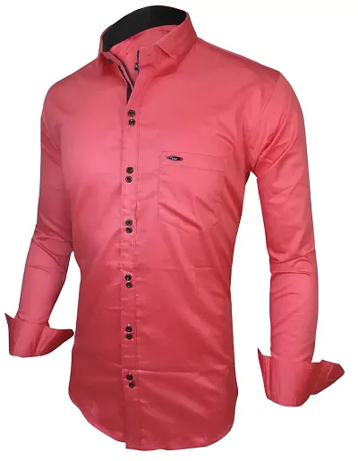 Men's Pink Cotton Solid Long Sleeves Slim Fit Casual Shirt