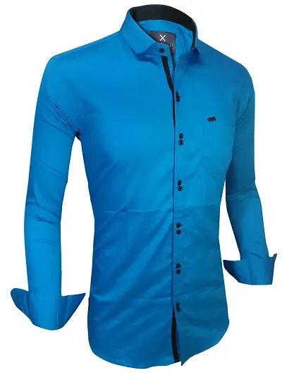 Men's Blue Cotton Solid Long Sleeves Slim Fit Casual Shirt