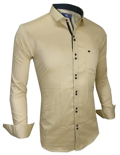 Men's Beige Cotton Solid Long Sleeves Slim Fit Casual Shirt