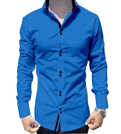 Men's Blue Cotton Long Sleeves Solid Slim Fit Casual Shirt