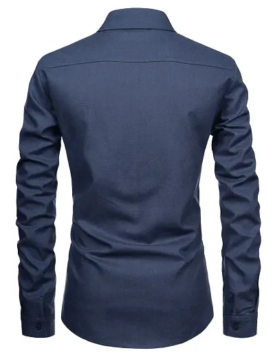 Men's Navy Blue Cotton Solid Long Sleeves Slim Fit Casual Shirt