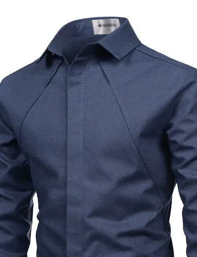 Men's Navy Blue Cotton Solid Long Sleeves Slim Fit Casual Shirt