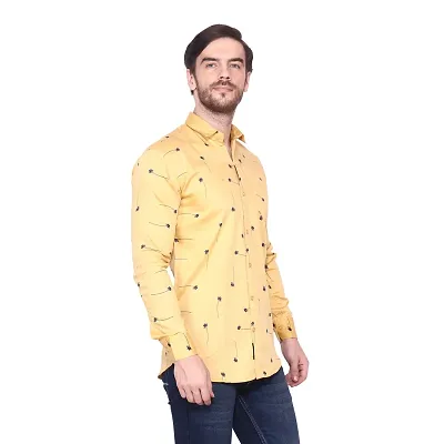 Men's Printed Cotton Yellow Long Sleeves Slim Fit Casual Shirt
