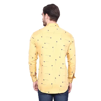 Men's Printed Cotton Yellow Long Sleeves Slim Fit Casual Shirt