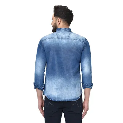 Men's Blue Denim Faded Long Sleeves Regular Fit Casual Shirt