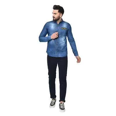 Men's Blue Denim Faded Long Sleeves Regular Fit Casual Shirt