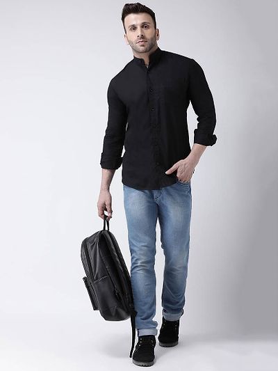 Black Cotton Solid Casual Sirt For Men
