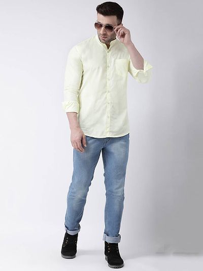 Yellow Cotton Solid Casual Sirt For Men