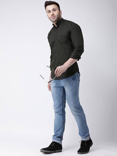 Olive Cotton Solid Casual Sirt For Men