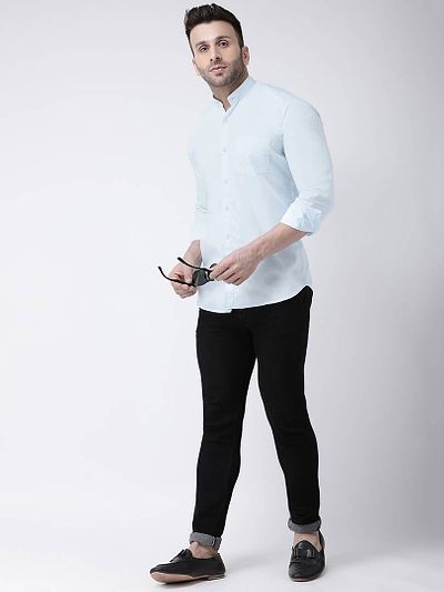 Blue Cotton Solid Casual Sirt For Men