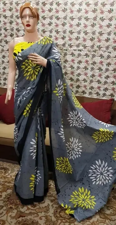 Beautiful Hand Block Pure Soft Cotton Mulmul Saree with Blouse Piece