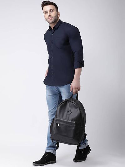Navy Blue Cotton Solid Casual Sirt For Men