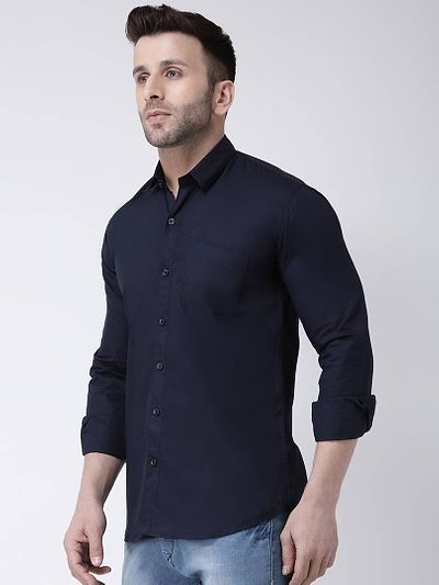 Navy Blue Cotton Solid Casual Sirt For Men