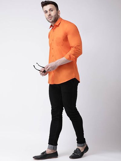 Orange Cotton Solid Casual Sirt For Men