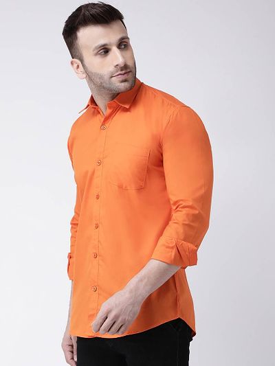 Orange Cotton Solid Casual Sirt For Men