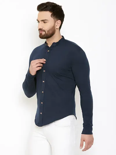 Navy Blue Cotton Solid Regular Fit Casual Shirt