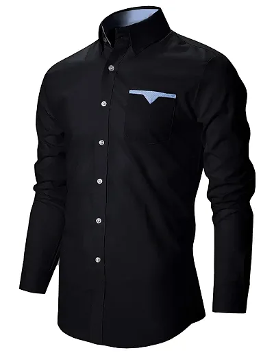 Mens Black Cotton Solid Long Sleeves Tailored Fit Casual Shirt