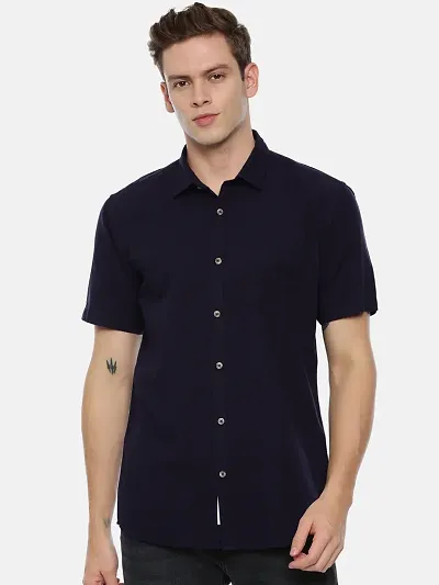 Stylish Cotton Navy Blue Solid Short Sleeves Casual Shirt For Men