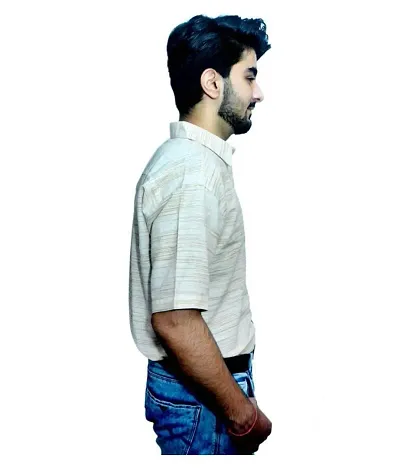 Men's Off White Khadi Cotton Solid Short Sleeves Regular Fit Casual Shirt