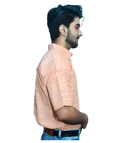 Men's Orange Khadi Cotton Solid Short Sleeves Regular Fit Casual Shirt