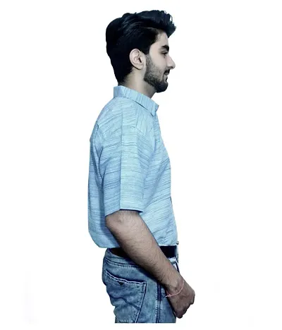 Men's Blue Khadi Cotton Solid Short Sleeves Regular Fit Casual Shirt