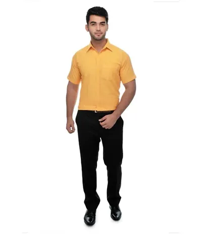 Men's Yellow Khadi Cotton Solid Short Sleeves Regular Fit Casual Shirt