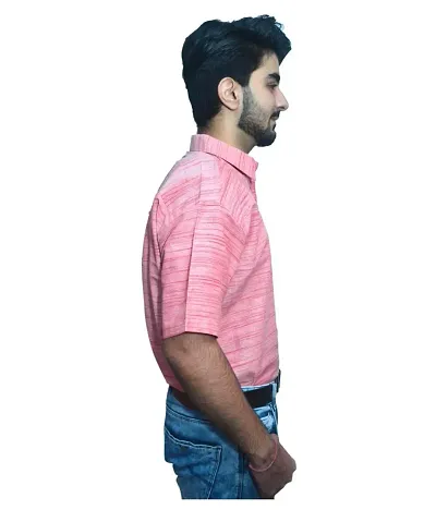 Men's Pink Khadi Cotton Solid Short Sleeves Regular Fit Casual Shirt