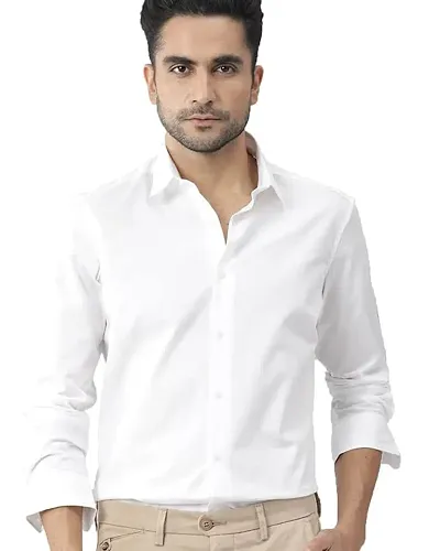 Elegant White Cotton Solid Long Sleeves Formal Shirts For Men