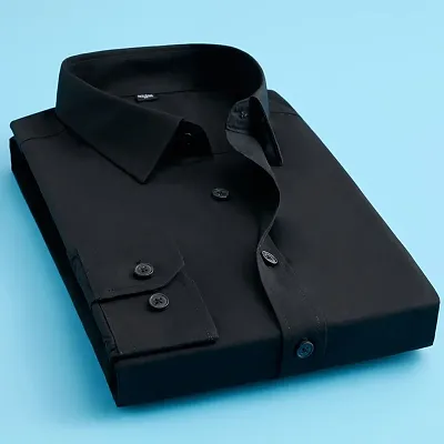 Black Cotton Blend Solid Formal Shirts For Men
