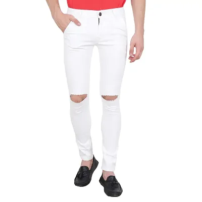 White Solid Cotton Blend Mid-Rise Jeans