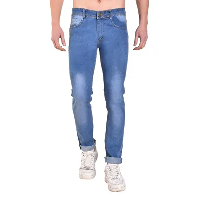 Men's Blue Cotton Spandex Faded Regular Fit Mid-Rise Jeans
