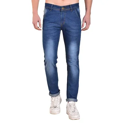 Men's Blue Cotton Spandex Faded Regular Fit Mid-Rise Jeans