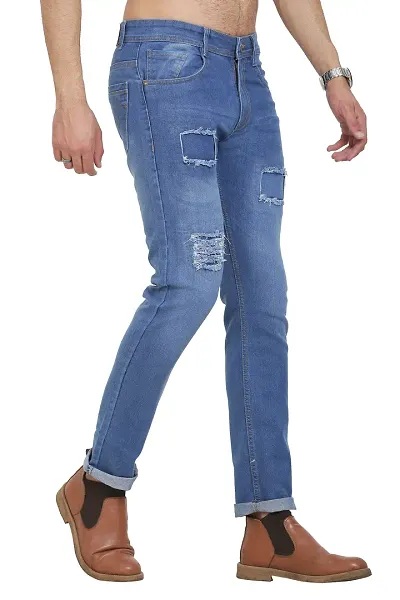 Blue Polycotton Distress Regular Fit Mid-Rise Jeans