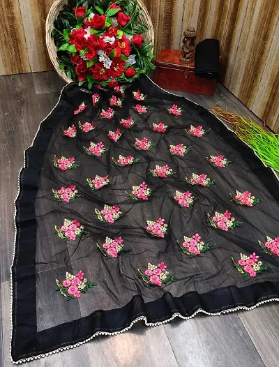 Beautiful Net Embroidered Saree with Blouse piece