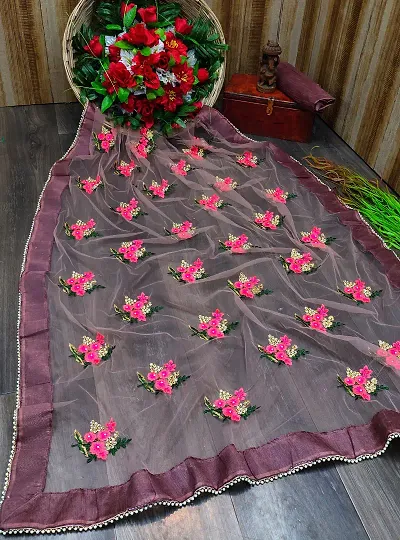 Beautiful Net Embroidered Saree with Blouse piece