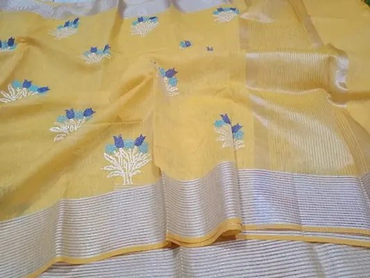 Attractive Linen Embroidered Saree with Blouse piece