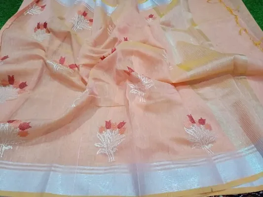 Attractive Linen Embroidered Saree with Blouse piece