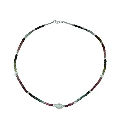 Ocean Roundel Shaped Multi-colored Tourmaline Silver Necklace