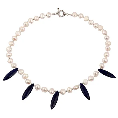 Ocean Tiara Fresh Water Pearl Lapis Lazuli Beads 18 Inch Necklace