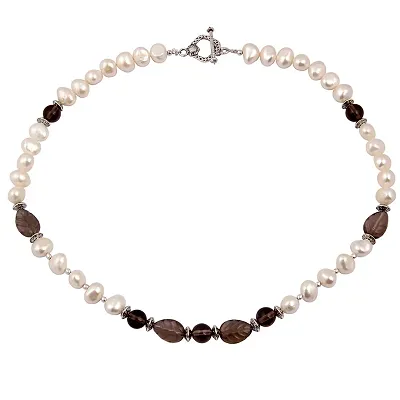 Ocean Etched Leaf Fresh Water Pearl Smoky Quartz Gemstone Beads 18 Inches Necklace