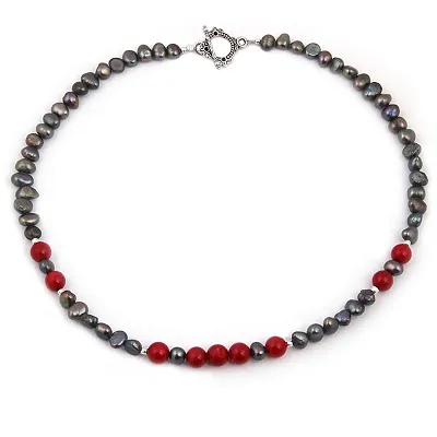 Ocean Spiced Red Coral Beads Dyed Black Fresh Water Pearl 18 Inches Necklace