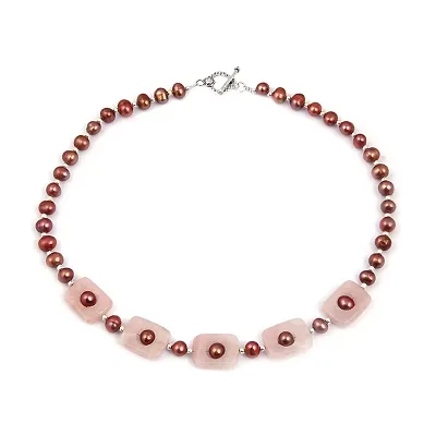 Ocean Strawberry Sorbet Rose Quartz Gemstone Bead Fresh Water Pearl 18 Inches Necklace