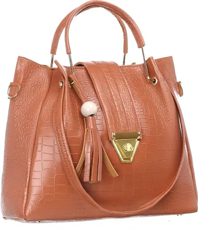 Stylish Tan PU Self Pattern Handbags For Women