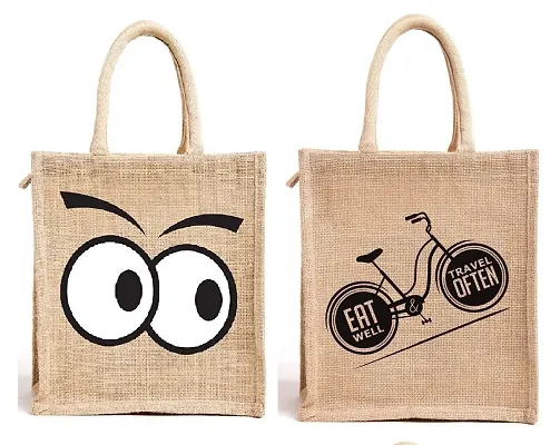 AMEYSON Emoji Cycle Design Jute Bag with Zip Closure | Tote Lunch Bag | Multipurpose Bag (2)