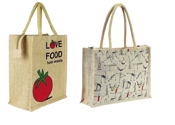 AMEYSON Yoga Tomato Design Jute Bag with Zip Closure | Tote Lunch Bag | Multipurpose Bag (4)