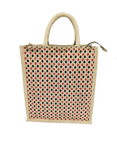 AMEYSON Dote Design Jute Bag with Zip Closure | Tote Lunch Bag | Multipurpose Bag
