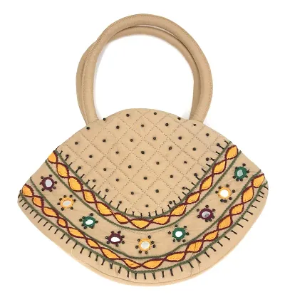 srishopify handicrafts Women Handbag MINI Handle Bag Banjara Traditional Hand Purse Cotton handmade (Small 6.5x9.5 Inch original Mirrors Beads and Thread Work Handcraft Pouch hand held bag) (Beige)