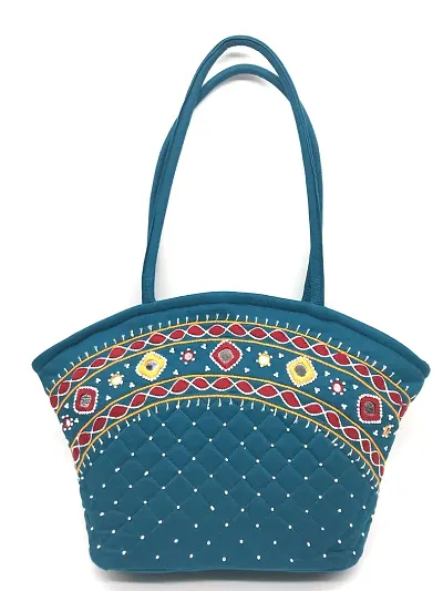 SriShopify Handcrafted Cotton Traditional Ethnic Rajasthani Jaipuri hand embroidery Handbag for Girls Women Medium size Tote 9x13x3 ich Rama green bag